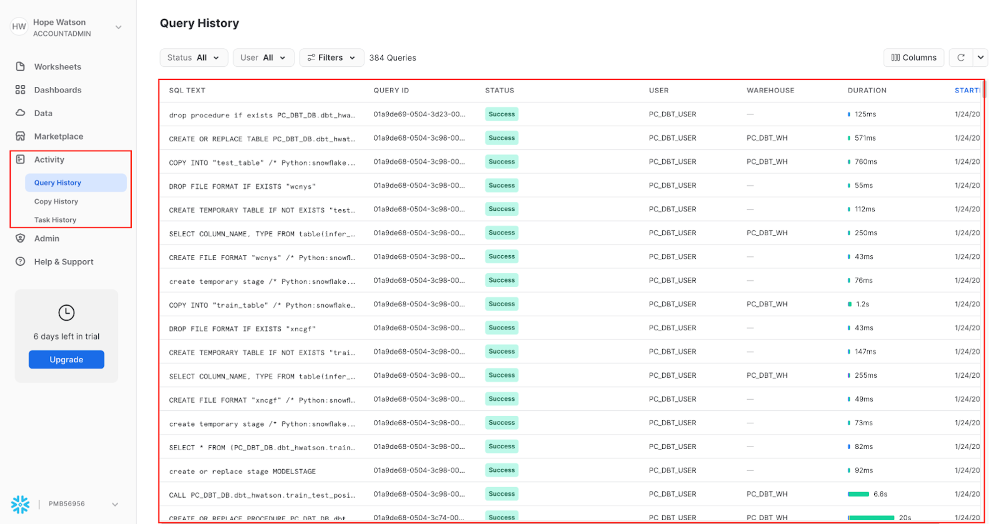 View Snowflake query history to see how python models are run under the hood View Snowflake query history to see how python models are run under the hood